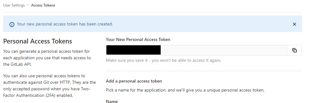 gitlabのAPIトークン発行後